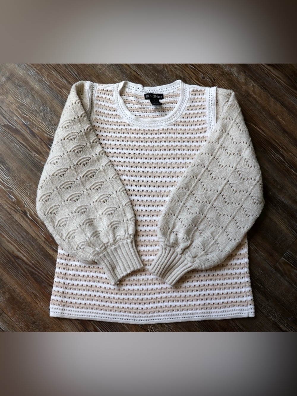 Design 365 Open Knit Striped Sweater Balloon Sleeve Romantic Boho Womens Medium